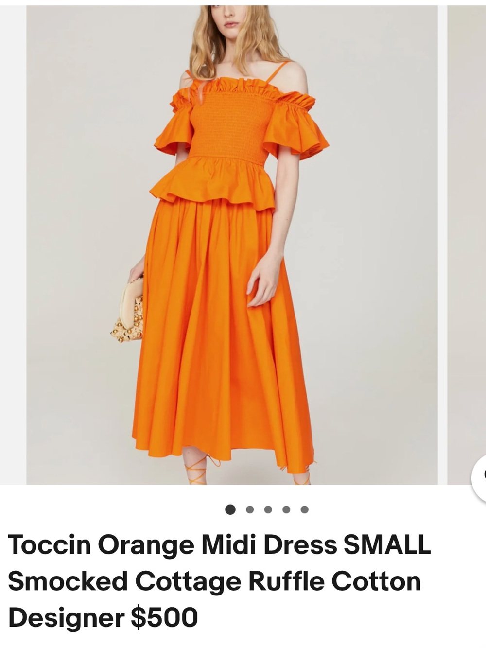 Toccin x RTR Flounced Smocked Off-Shoulder Peplum MIDI Dress Orange